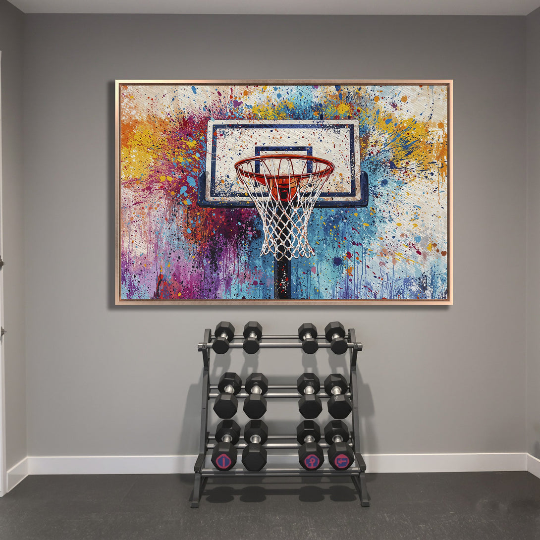 Framed Wall Art: Abstract basketball hoop art with vibrant splashes of color. Modern style with a colorful palette of blues, yellows, and purples. Perfect for your home gym!