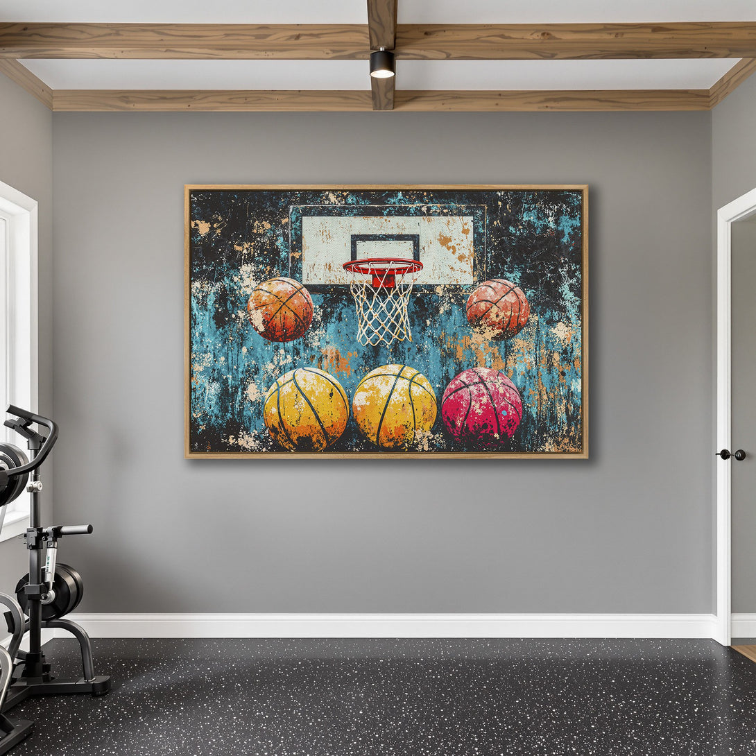 Framed Wall Art: Abstract basketball art with a vibrant teal, orange, and yellow color palette. Modern decor for your home gym or sports-themed space.