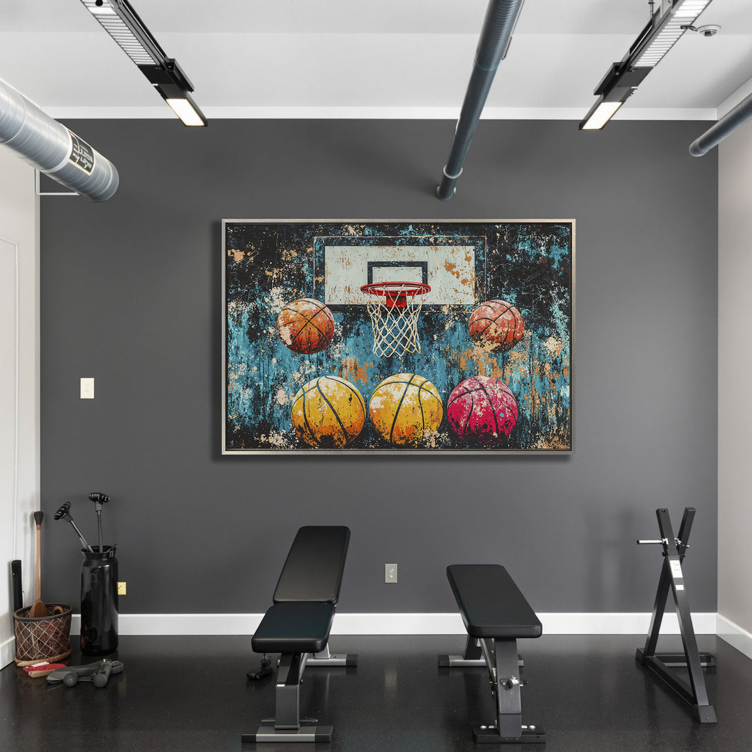 Framed Wall Art: Abstract basketball hoop art in a modern gym. Features a grunge style with a teal, orange, and red color palette. Perfect wall decor.