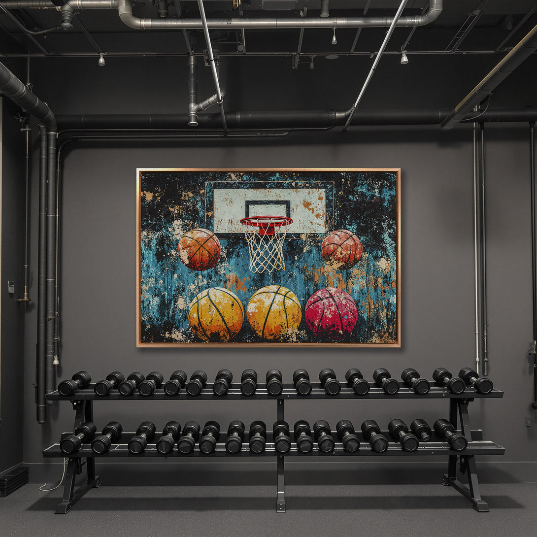 Framed Wall Art: Abstract basketball art in a modern gym. Features a vibrant blue, orange, and yellow color palette. Perfect for sports enthusiasts.
