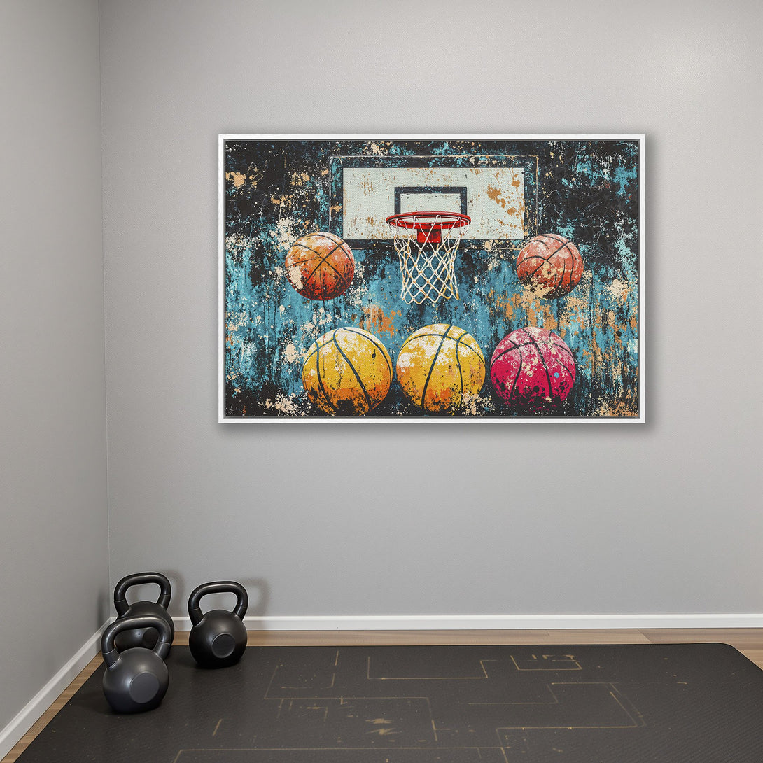 Framed Wall Art: Abstract basketball art in a distressed style with a teal, orange, and red color palette. Perfect for sports enthusiasts!