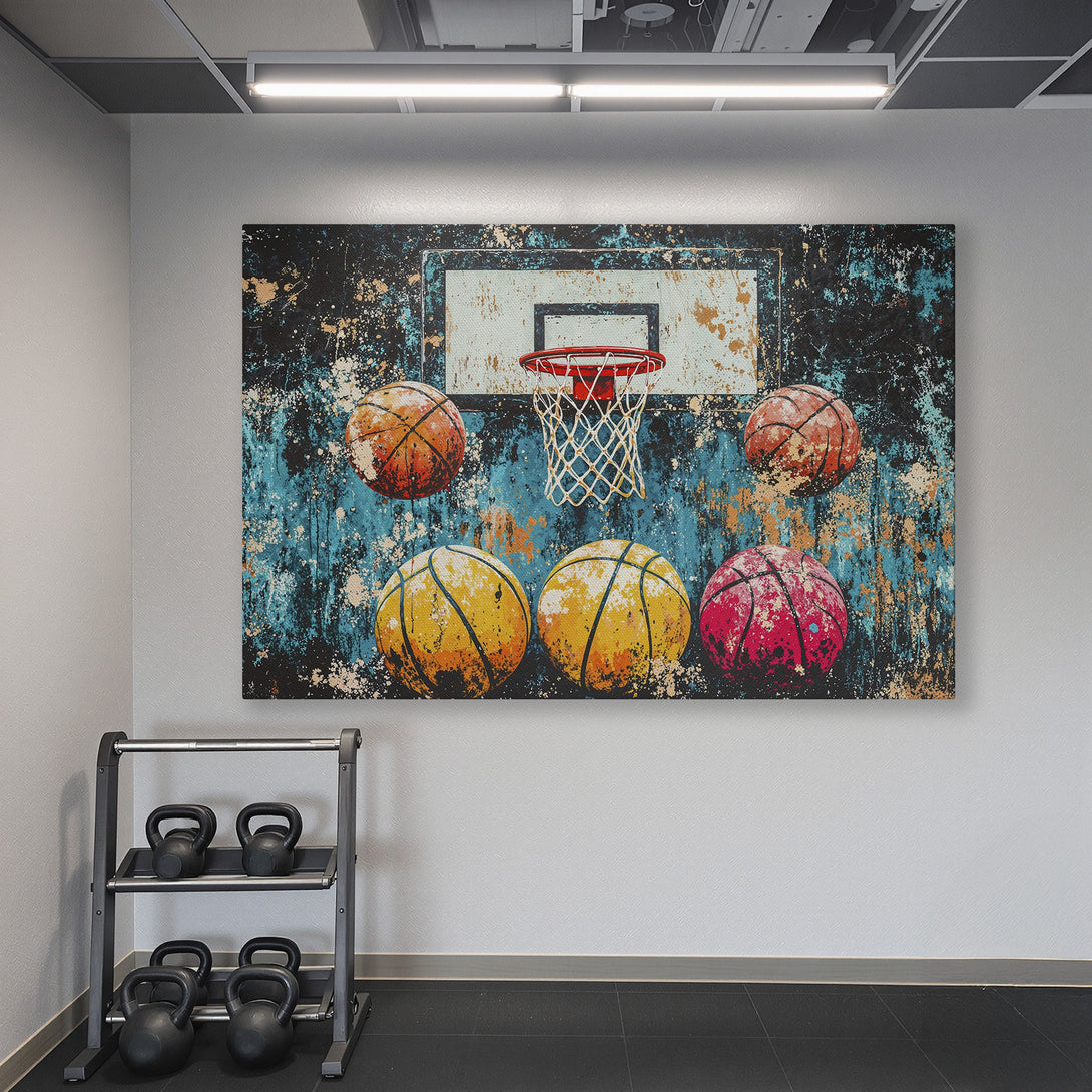 Framed Wall Art: Abstract basketball art in a gym. Bold blues, oranges, and reds. Modern decor for sports enthusiasts.