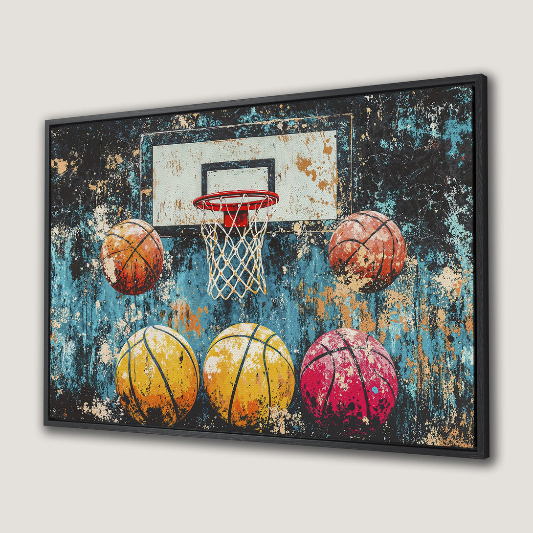 Framed Wall Art: Abstract basketball art in vibrant teal, orange, and red hues. Bold, modern canvas print for sports fans. Add energy to your space!