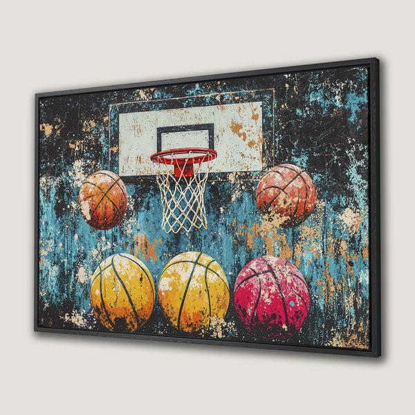 Framed Wall Art: Abstract basketball art in vibrant teal, orange, and red hues. Bold, modern canvas print for sports fans. Add energy to your space!
