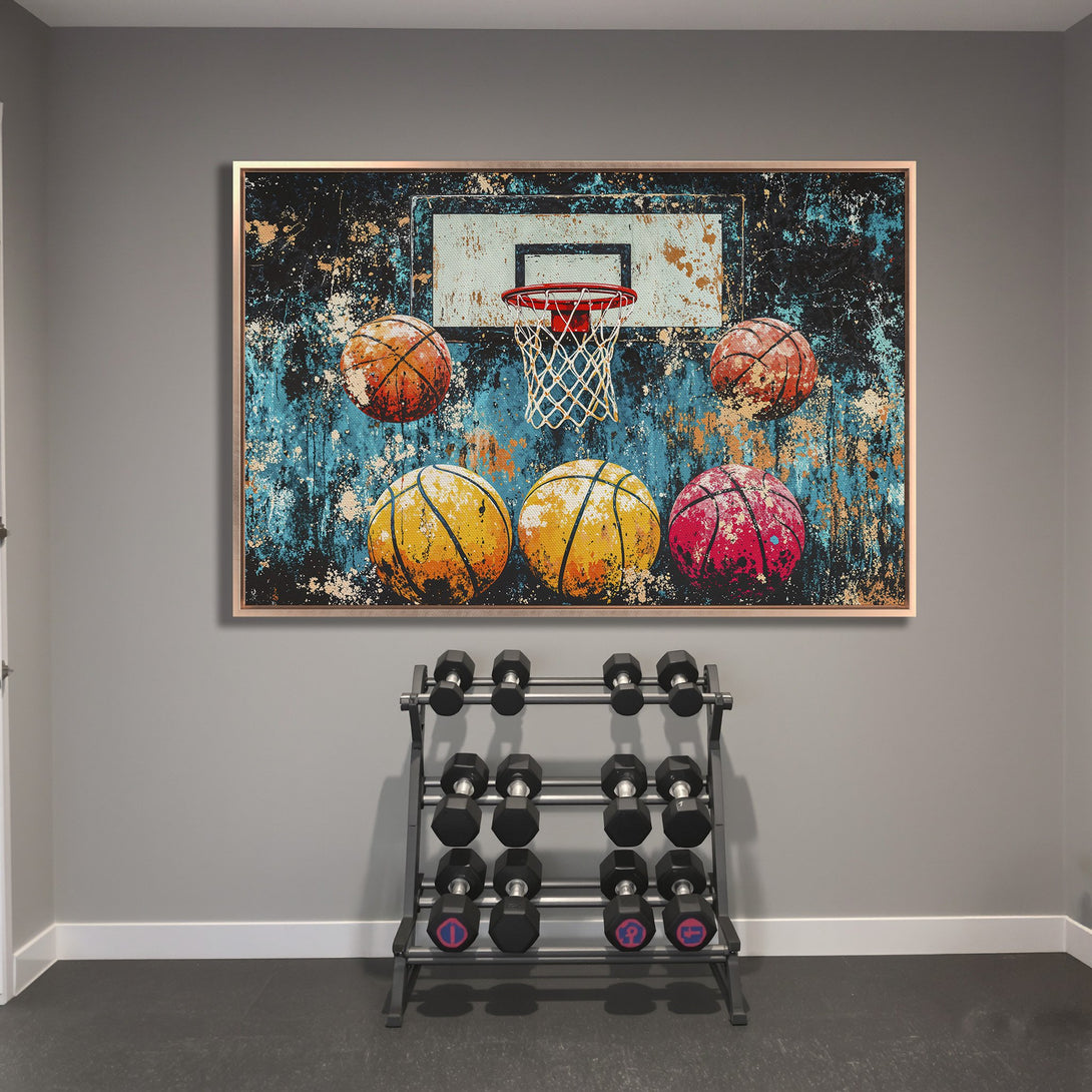 Framed Wall Art: Abstract basketball art in a teal, orange, and yellow palette. Perfect for gym decor! Elevate your space with this unique canvas print.