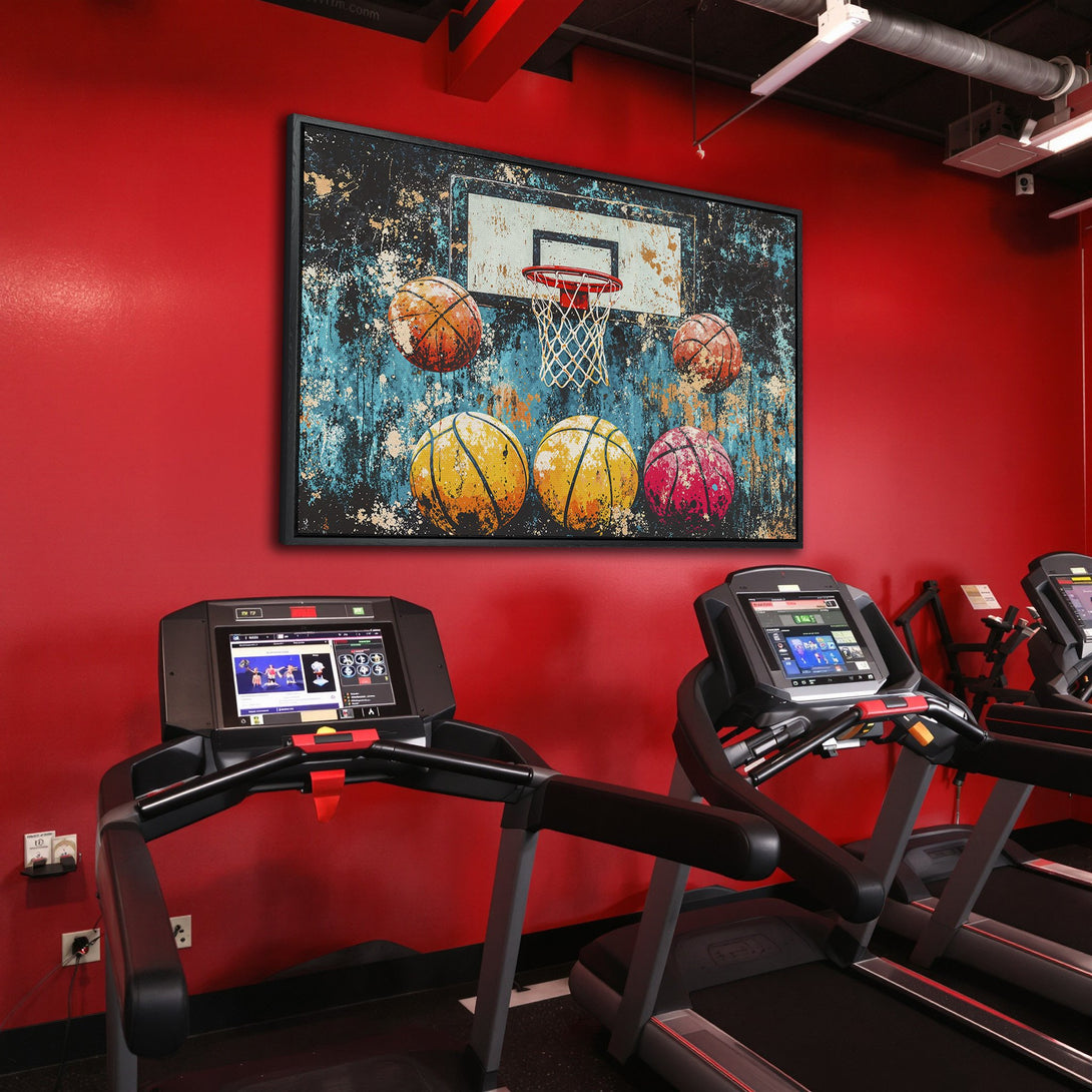 Framed Wall Art: Abstract basketball art with vibrant colors. Modern canvas print adds sporty style to any space. Perfect for gym or home decor.