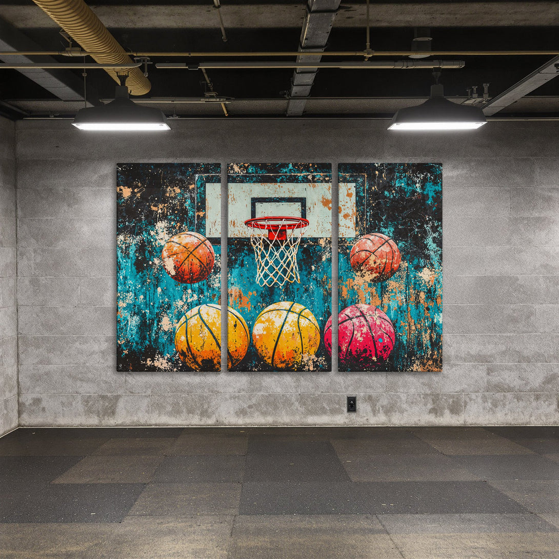 Canvas Print featuring a basketball hoop & balls in an abstract style with teal, orange, and black tones. Elevate your space with this unique wall art!