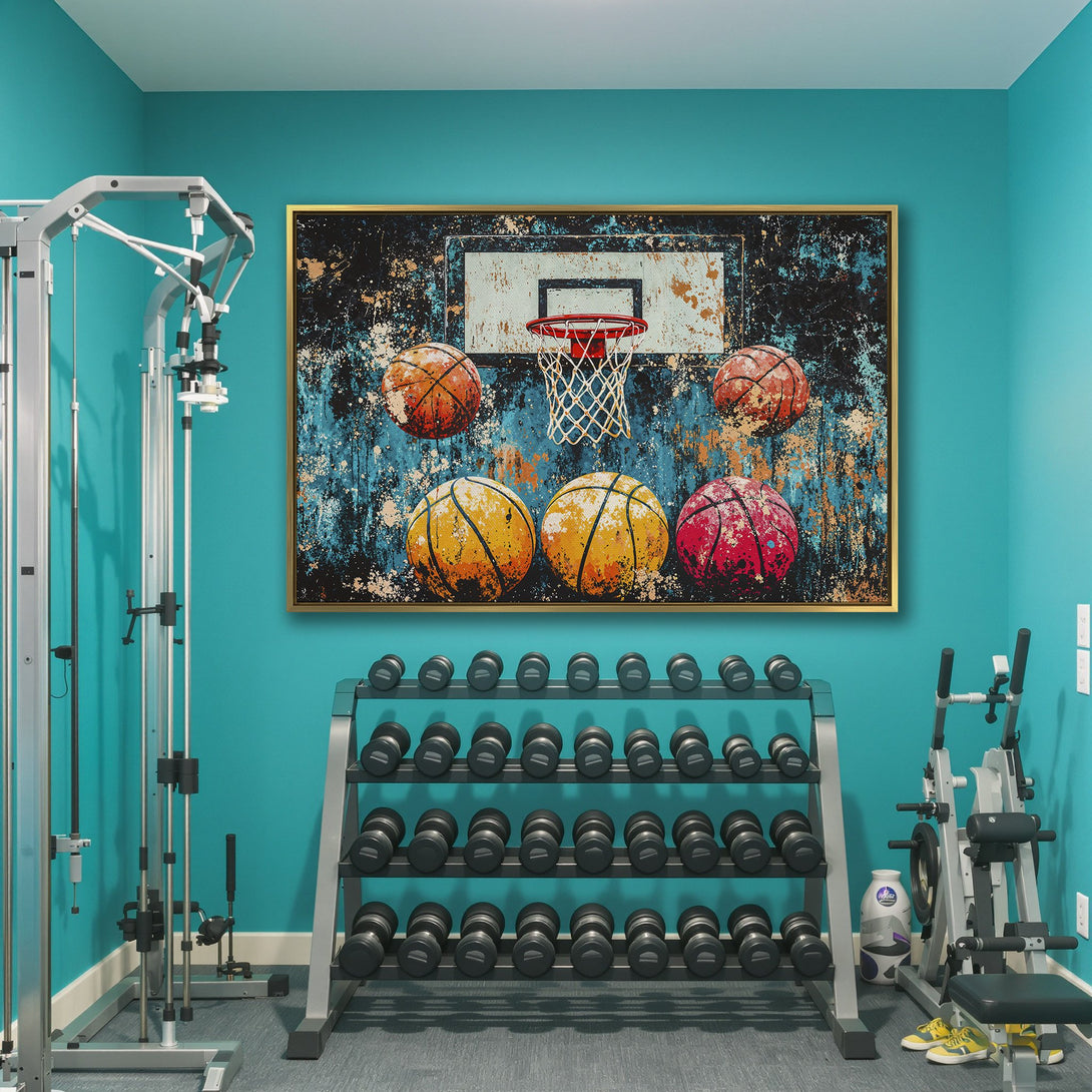 Canvas Print of a basketball hoop and balls in a vibrant, abstract style. Features a bold teal, orange, and black color palette, perfect for modern decor.