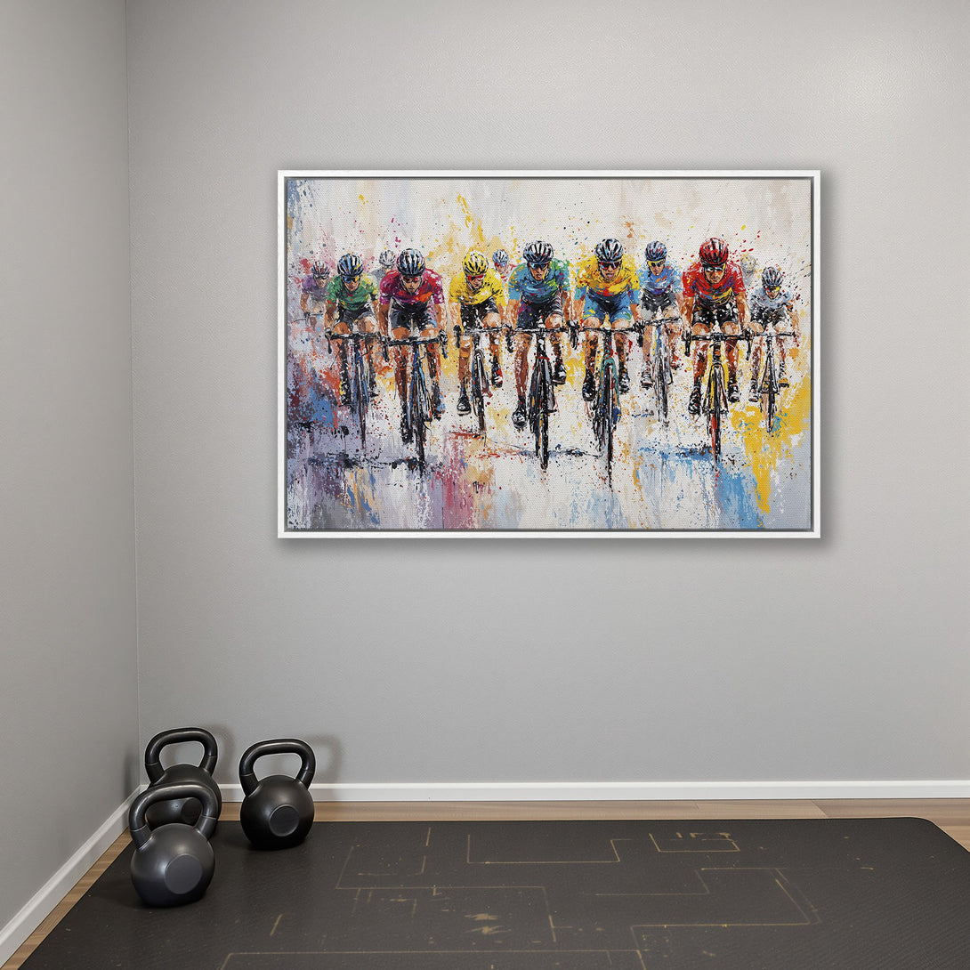 Framed Wall Art: Cyclists racing, abstract style, vibrant colors. Modern canvas print for home decor. Adds energy to any space.