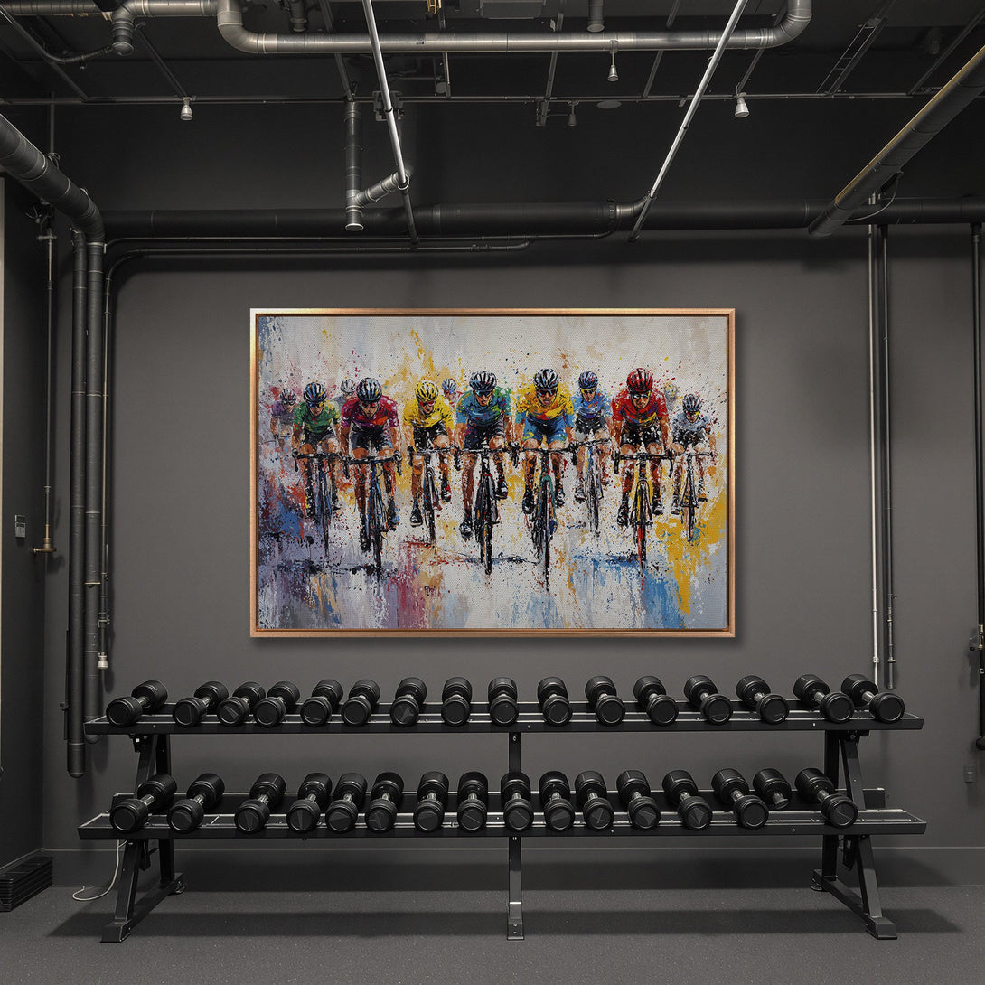 Framed Wall Art: Abstract cycling race art with vibrant colors. Perfect for modern interiors. Add energy to your space with this dynamic canvas print!