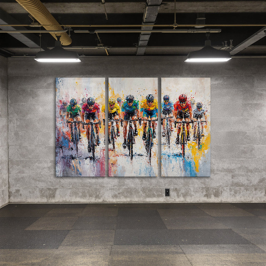 Canvas Print of cyclists in an abstract style, featuring a vibrant, colorful palette. Modern wall art for your home!