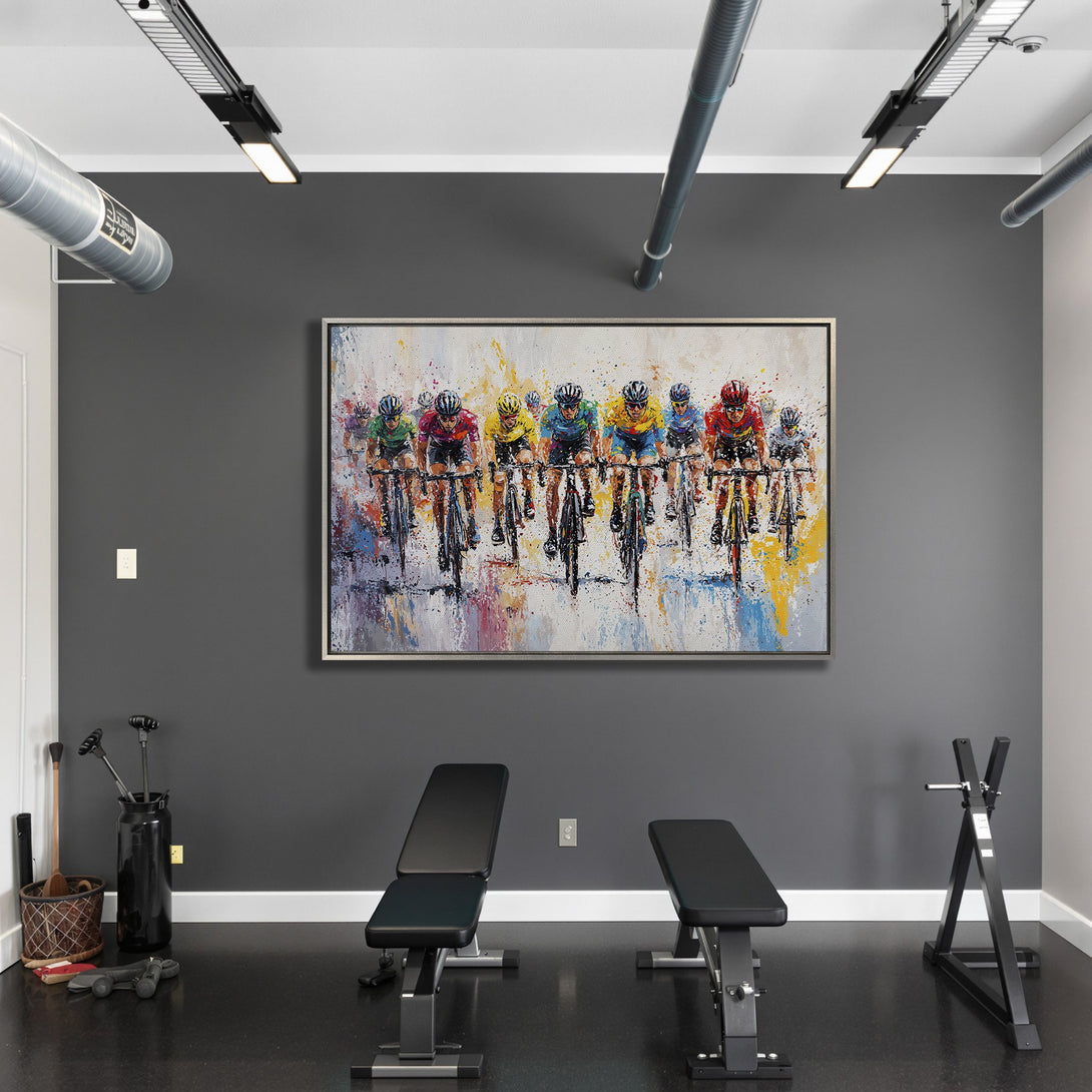 Framed Wall Art: Abstract cycling race in vibrant colors. Modern art canvas print adds energy to any space. Perfect for home gyms and fitness rooms.