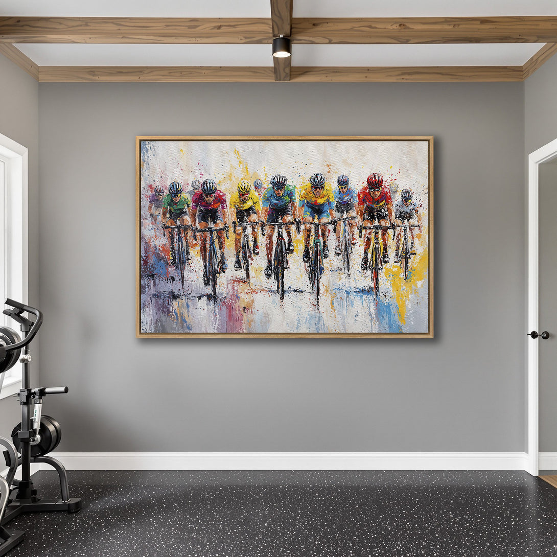 Framed Wall Art: Cyclists racing, impressionistic style with vibrant colors. Adds energy to any space. Perfect for sports enthusiasts!