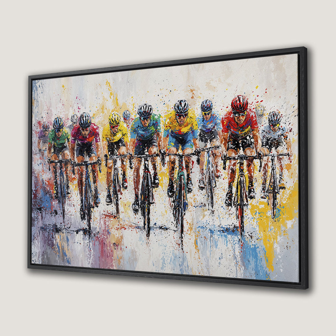 Framed Wall Art of cyclists racing, vibrant abstract style with a colorful palette of blues, yellows, and reds. Perfect for sports fans!