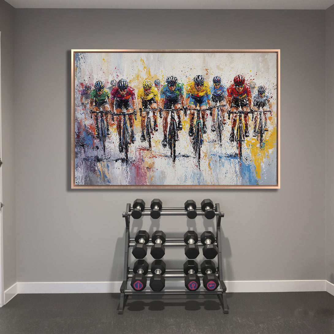 Framed Wall Art of cyclists in action, modern abstract style with a vibrant, colorful palette. Perfect for home or gym decor.