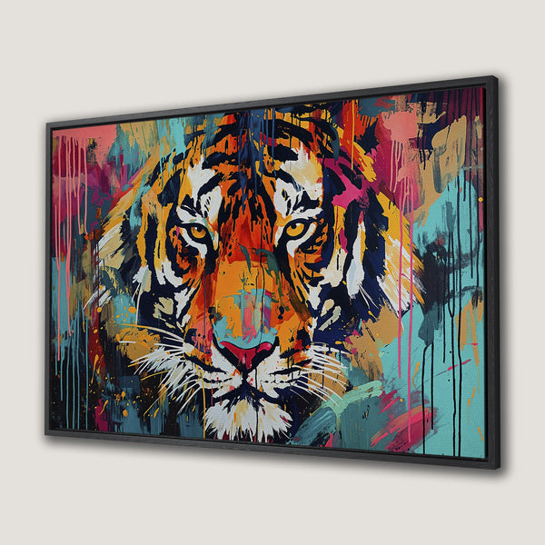 Framed Wall Art: Abstract tiger portrait with vibrant orange, blue, and pink color palette. Modern art canvas print for a bold statement.