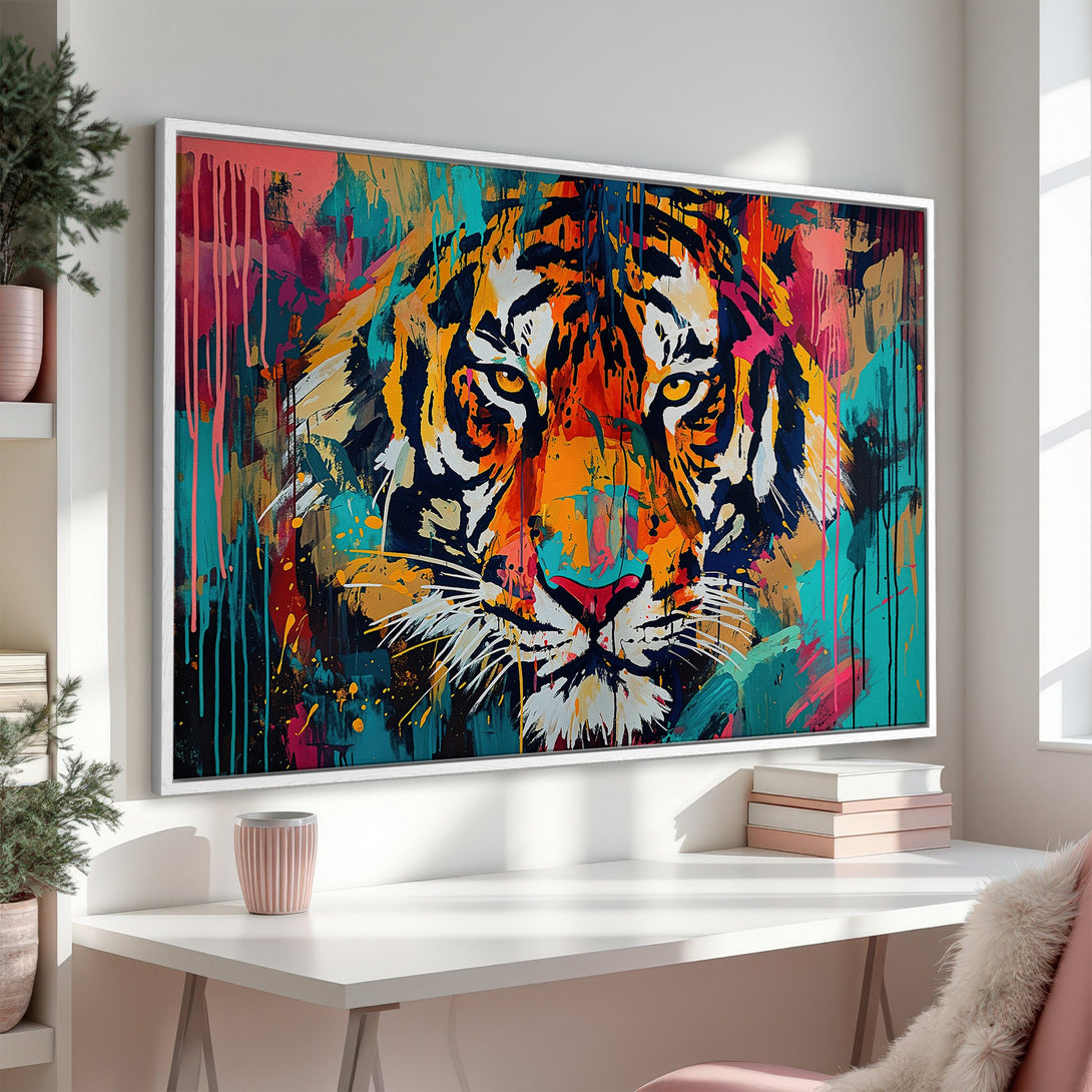 Framed Wall Art: Abstract tiger portrait in vibrant colors. Modern canvas print with orange, teal, and pink palette, perfect for a stylish interior.