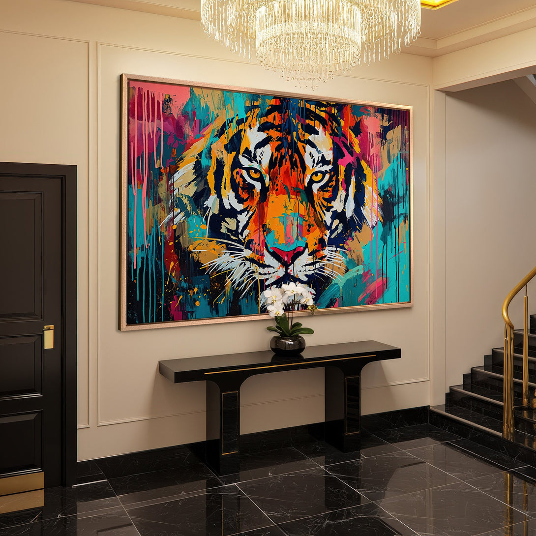 Framed Wall Art of a vibrant tiger portrait. Abstract, colorful canvas print with bold orange, teal, and pink hues. Perfect for modern decor.