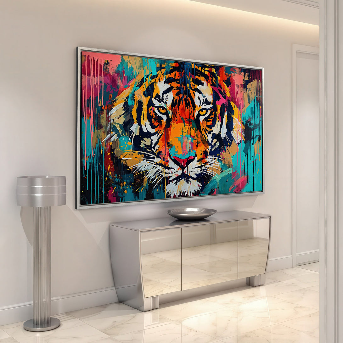 Framed Wall Art: Abstract tiger portrait in vibrant colors. Modern art Canvas Print with bold orange, blue, and pink palette. Perfect for home decor.