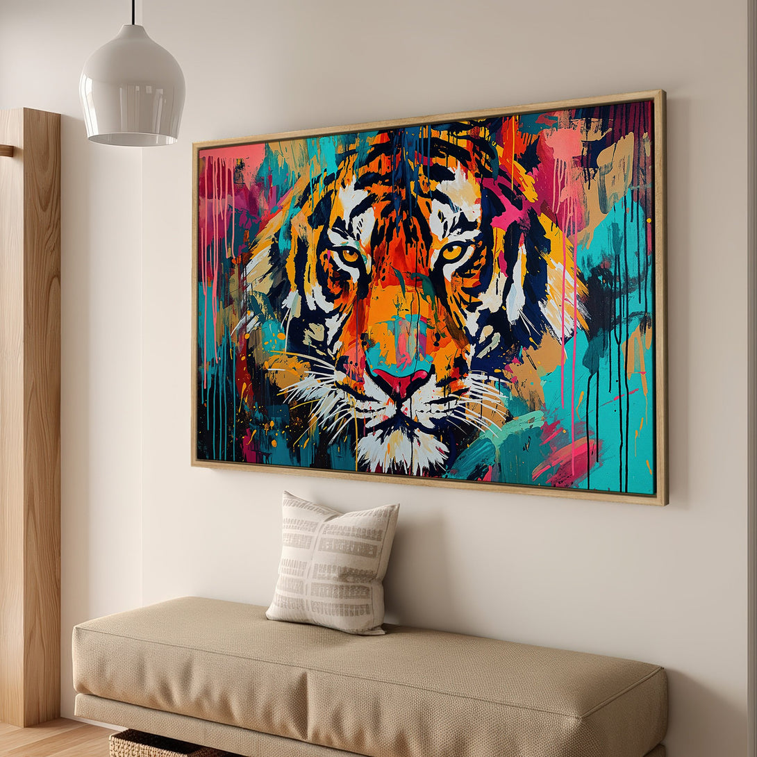 Framed Wall Art: Abstract tiger portrait in vibrant colors. Modern canvas print with bold orange, pink, and teal palette. Perfect for living room decor.