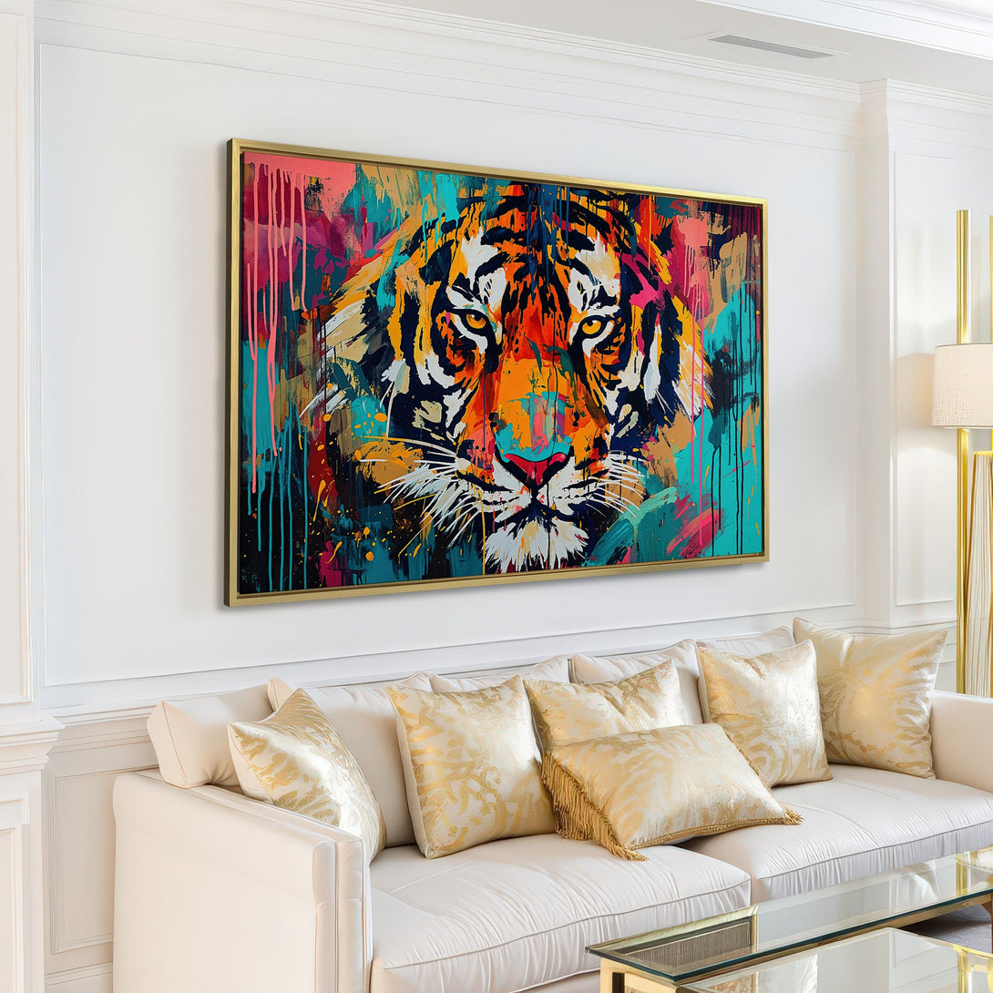 Abstract Canvas Print of a tiger in a modern interior. Vibrant colors of orange, blue, and pink. Bold, contemporary wall art.