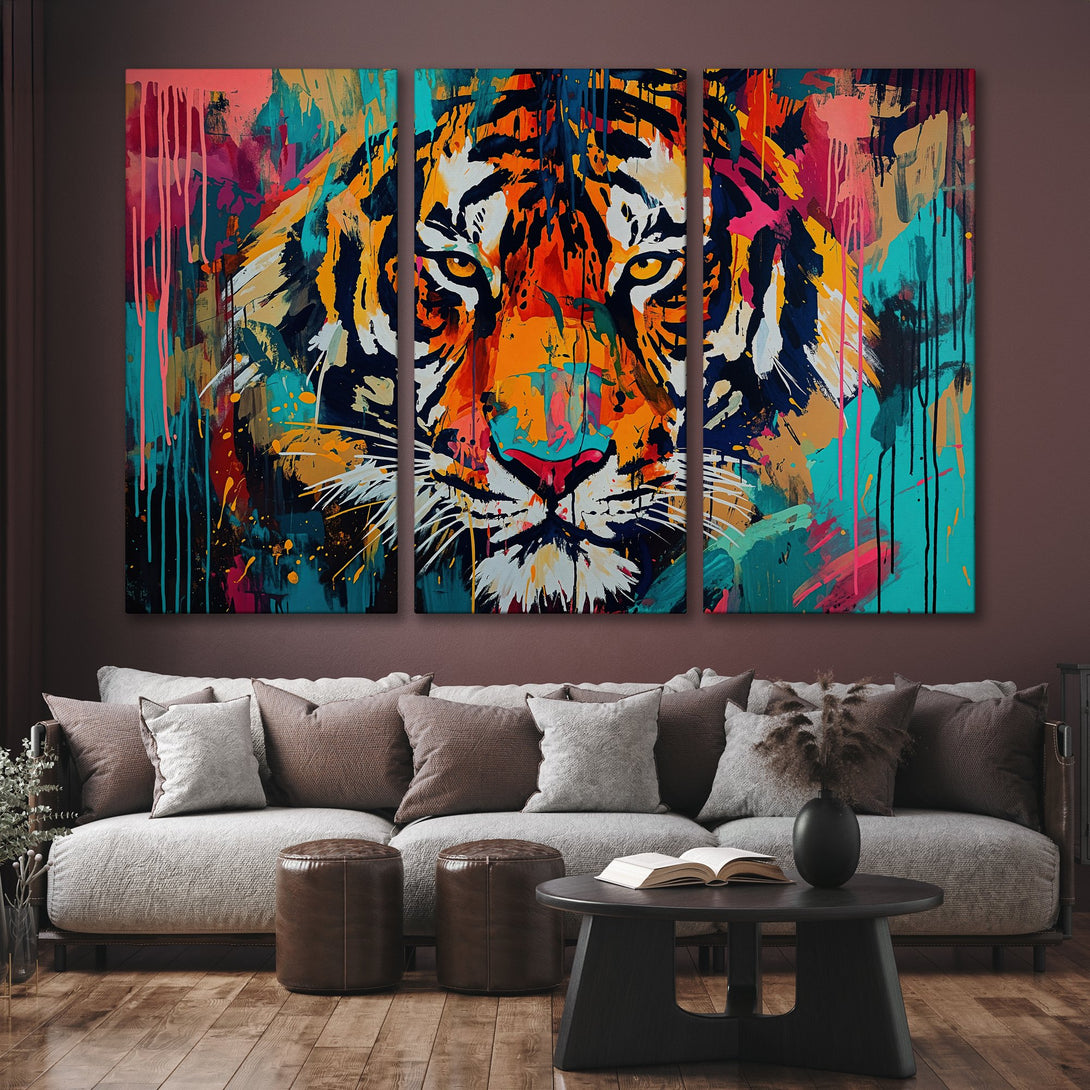 Abstract Canvas Print of a tiger face in vibrant colors. Modern art piece with orange, blue, and pink palette. Perfect wall decor.