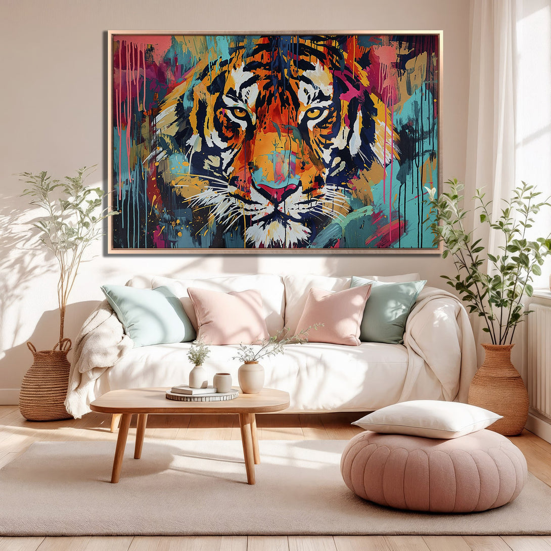 Framed Wall Art: Bold abstract tiger portrait with vibrant colors (orange, blue, pink) adds a modern touch to any living room decor. Shop now!