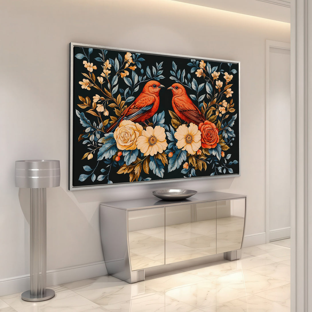 Framed Wall Art featuring vibrant birds and floral design in a warm color palette, perfect for adding a touch of elegance to your home decor.