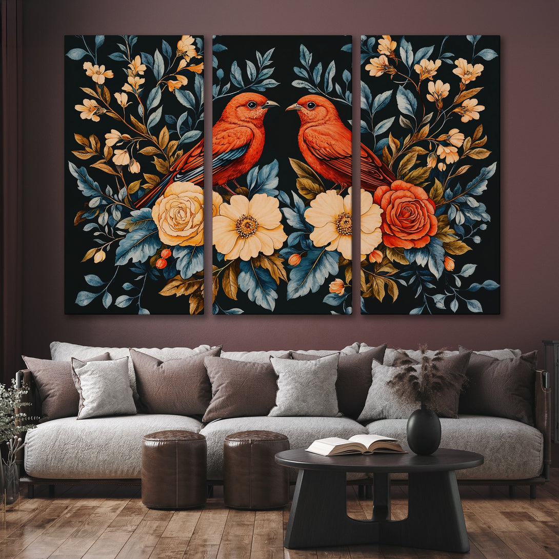 Canvas Print featuring vibrant birds and floral art on a dark background. Warm red, yellow, and blue tones create a stunning statement piece.