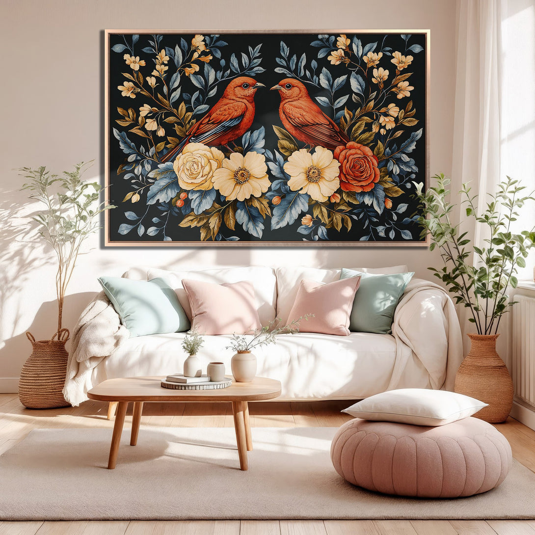Framed Wall Art: Watercolor birds & florals. Warm, inviting color palette. Perfect living room decor. Shop now for beautiful canvas prints!
