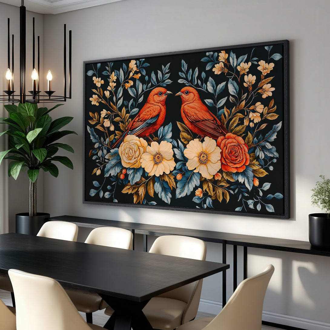 Framed Wall Art featuring vibrant birds and floral design in a botanical style. Rich color palette of orange, yellow, and blue on a dark background.