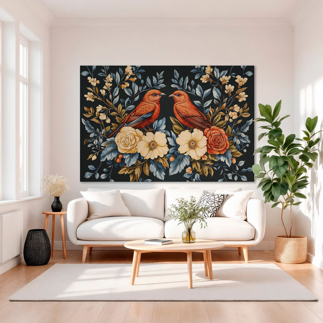Framed Wall Art featuring vibrant birds & floral design in a dark, elegant style. Red, orange, & gold color palette. Perfect for adding a touch of luxury.