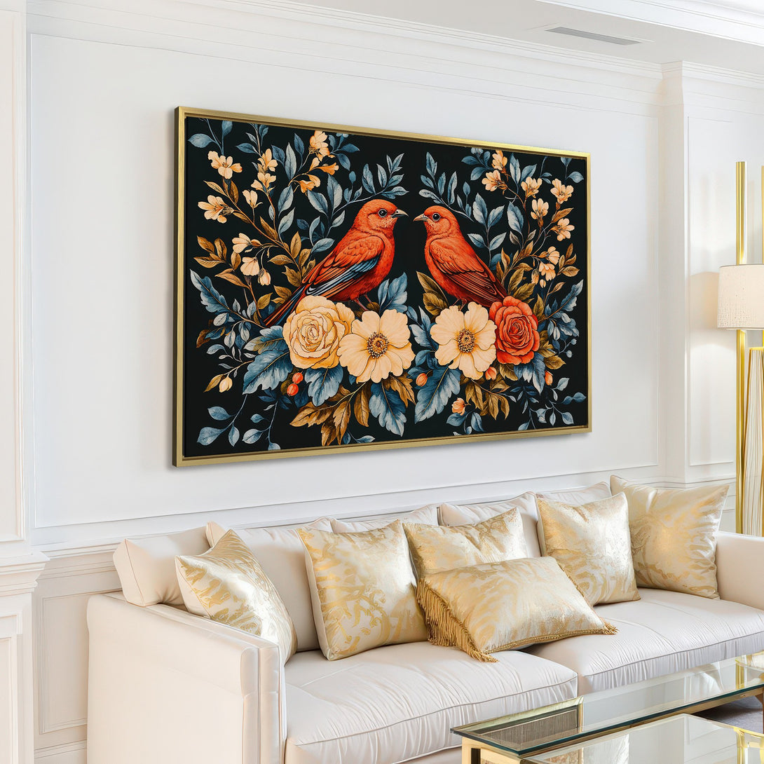 Canvas Print featuring vibrant birds & floral design, rich orange, yellow, and teal hues on a dark background, perfect wall art for any room.