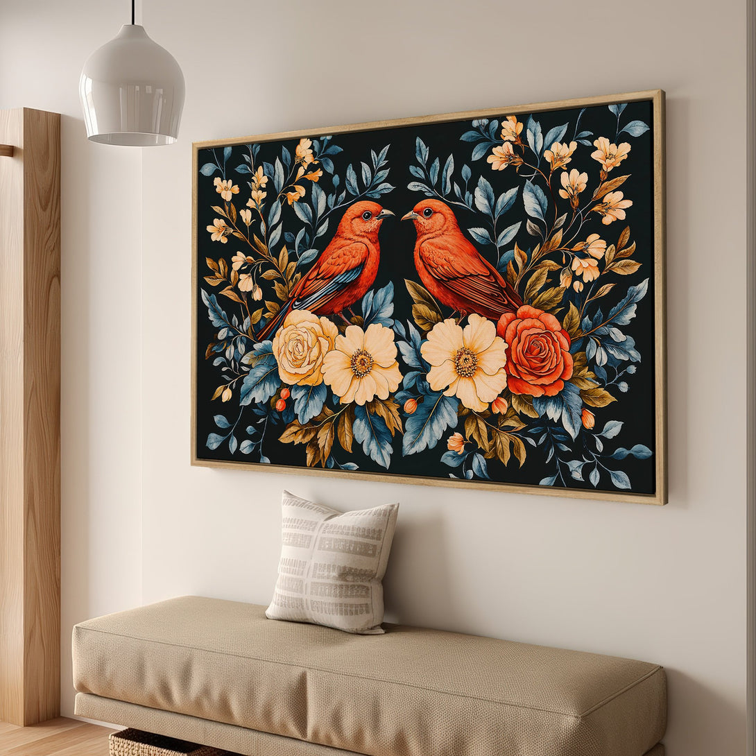 Framed Wall Art: Colorful birds & floral Canvas Print in a dark, moody style. Featuring orange, yellow, and blue hues for a striking interior design.