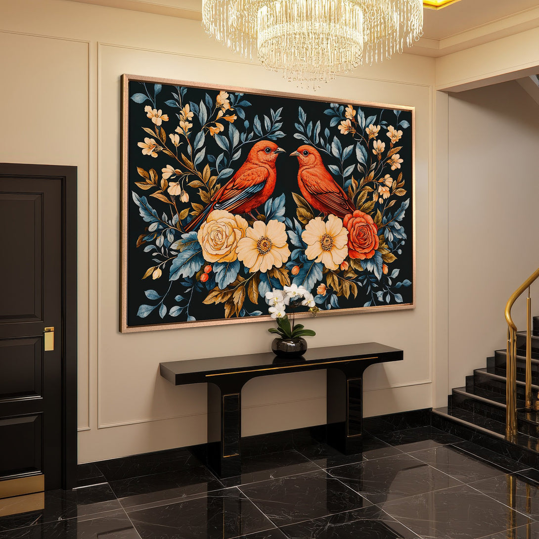 Framed Wall Art: Elegant floral and bird canvas print in a luxury interior. Features a dark background with warm orange, yellow, and blue tones.