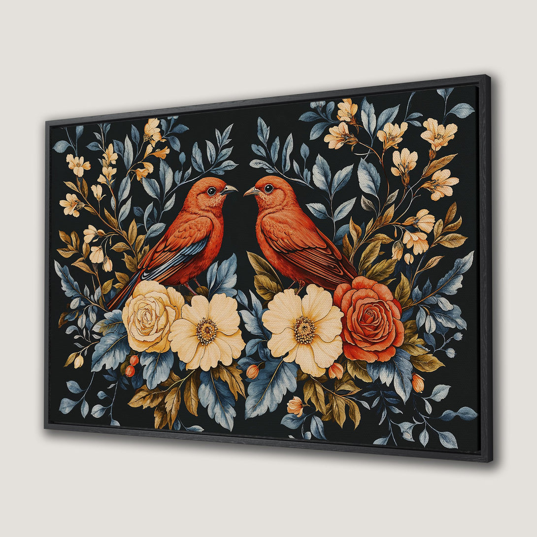 Framed Wall Art featuring watercolor birds & floral design. Warm orange, yellow & blue hues on a dark background. Perfect for adding a touch of nature.