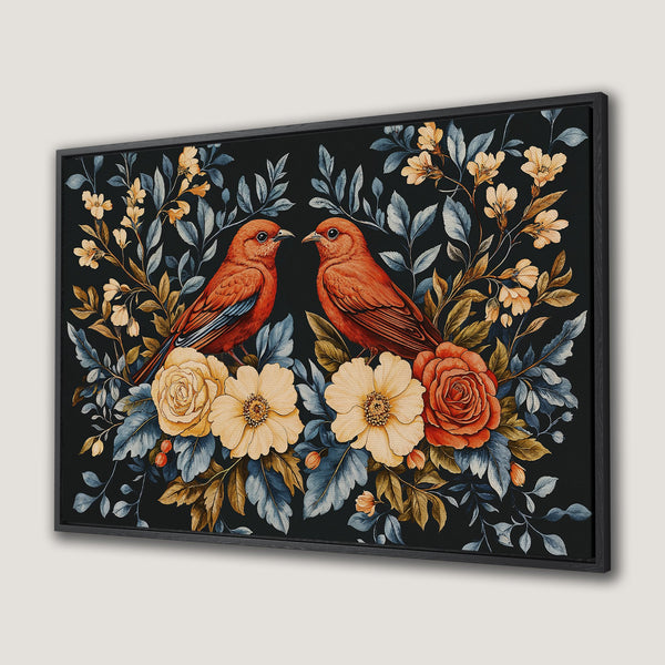 Framed Wall Art featuring watercolor birds & floral design. Warm orange, yellow & blue hues on a dark background. Perfect for adding a touch of nature.