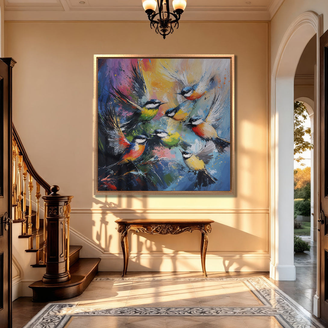 Framed Wall Art: Colorful birds in flight, impressionist style, vibrant blue, yellow, and red palette. Perfect for adding art to your home decor.