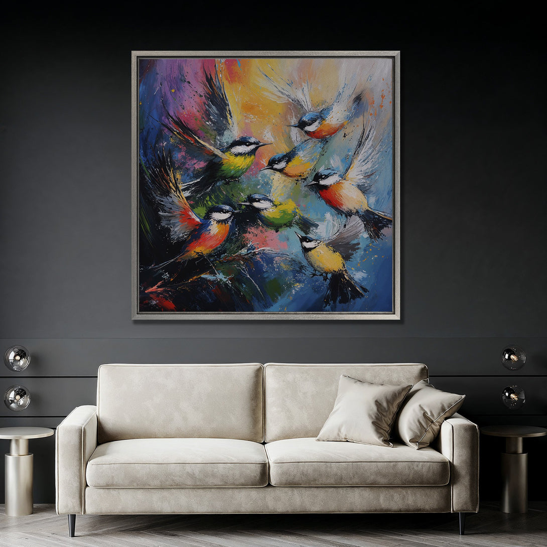 Framed Wall Art: Colorful birds in flight. Abstract painting style with vibrant blues, yellows, and reds. Perfect wall decor for a modern living room.