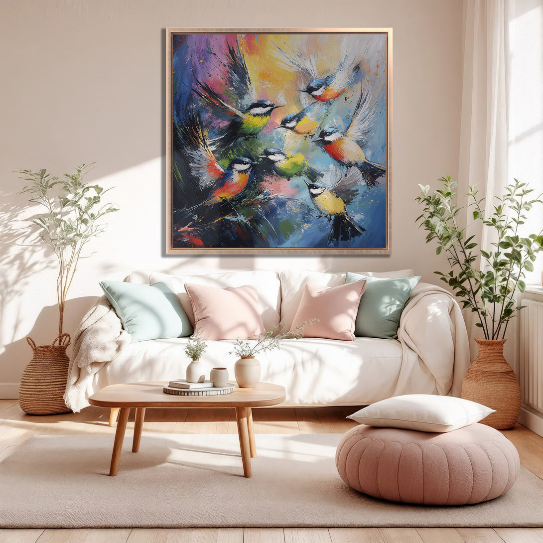 Framed Wall Art featuring vibrant bird painting in a modern abstract style. Colorful canvas print with blue, yellow, and red hues, perfect for living room decor.