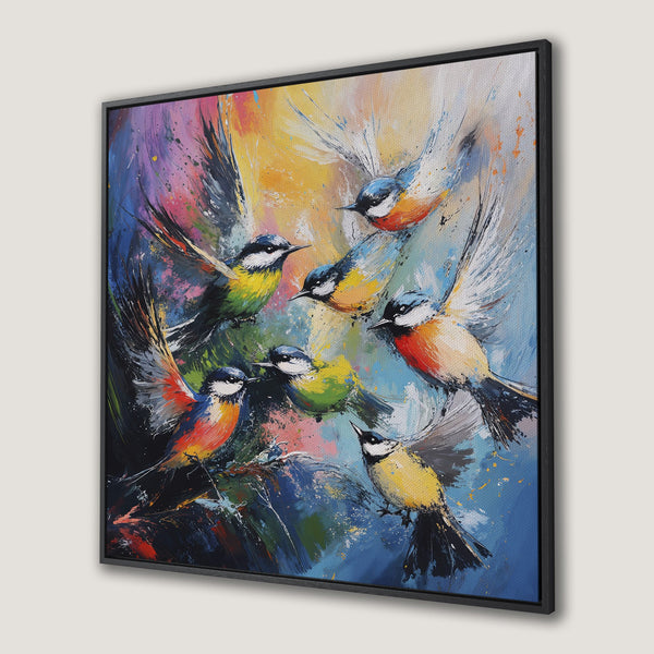 Framed Wall Art: Colorful abstract painting of birds. Vibrant palette of blues, yellows, and reds. Perfect for adding a pop of art to your space!
