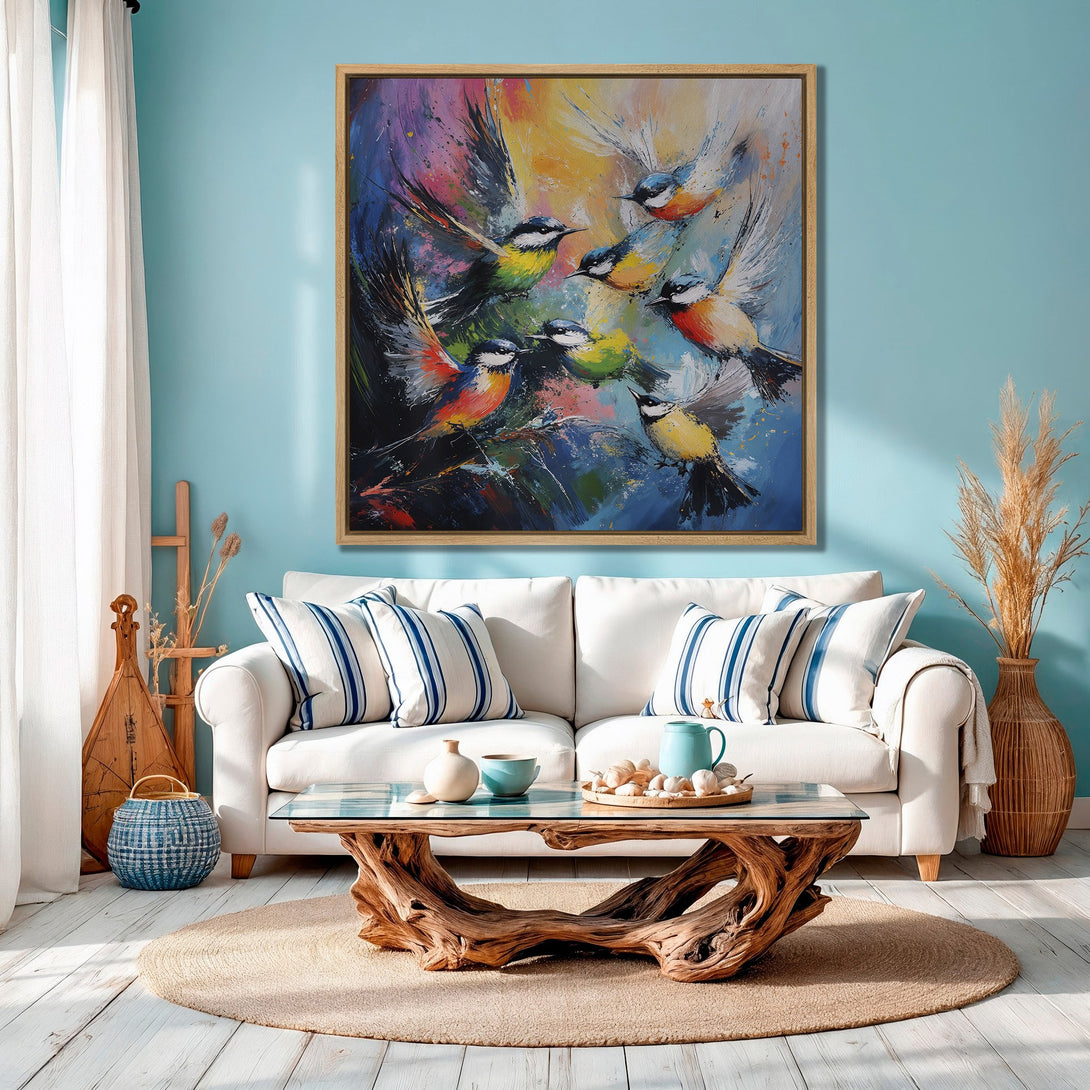 Framed Wall Art featuring vibrant birds in flight. Abstract style with a colorful palette of blues, yellows, and reds. Perfect for adding a pop of art to your space.