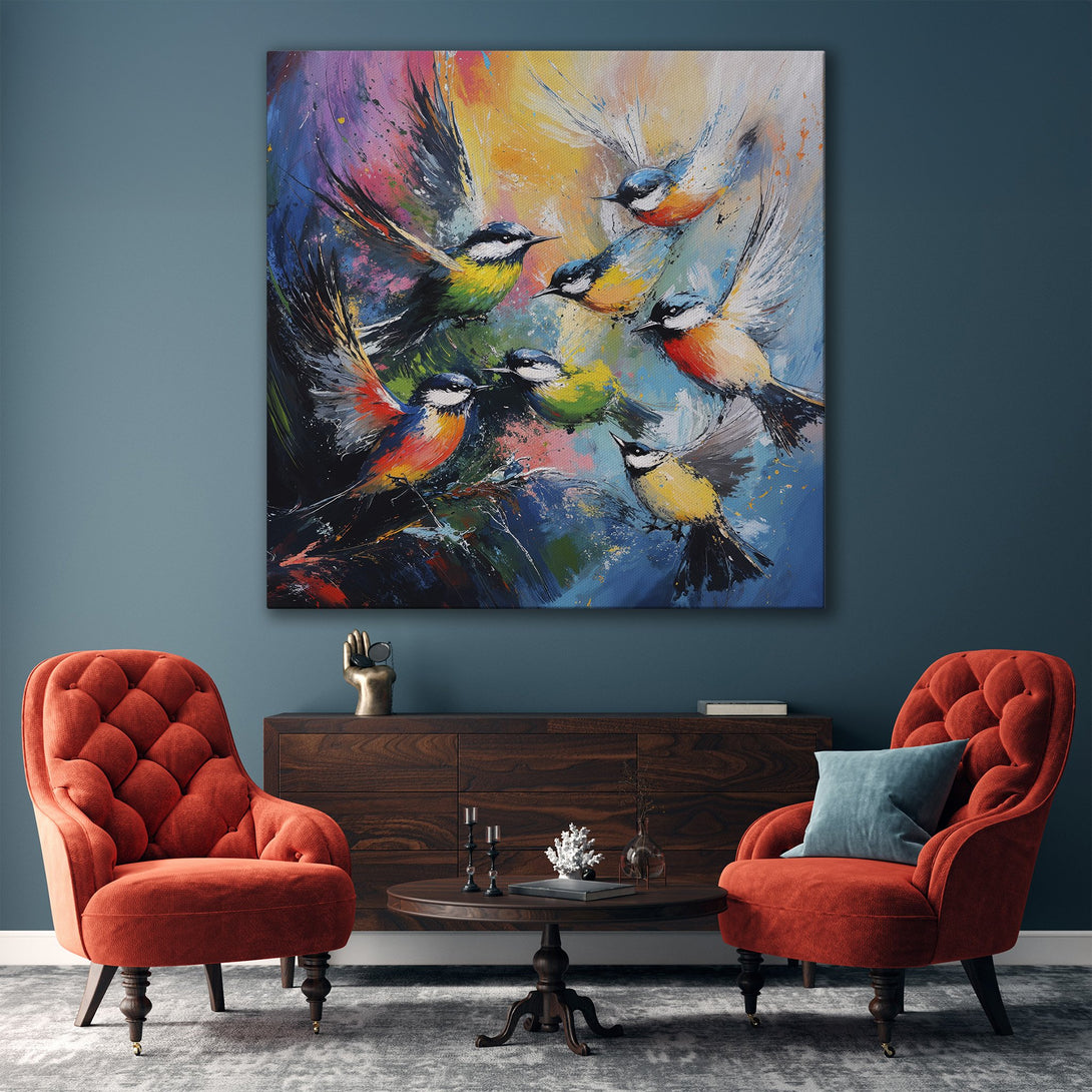 Framed Wall Art: Abstract painting of colorful birds in flight. Vibrant, expressive artwork with blue, yellow, and red tones. Perfect for modern home decor.