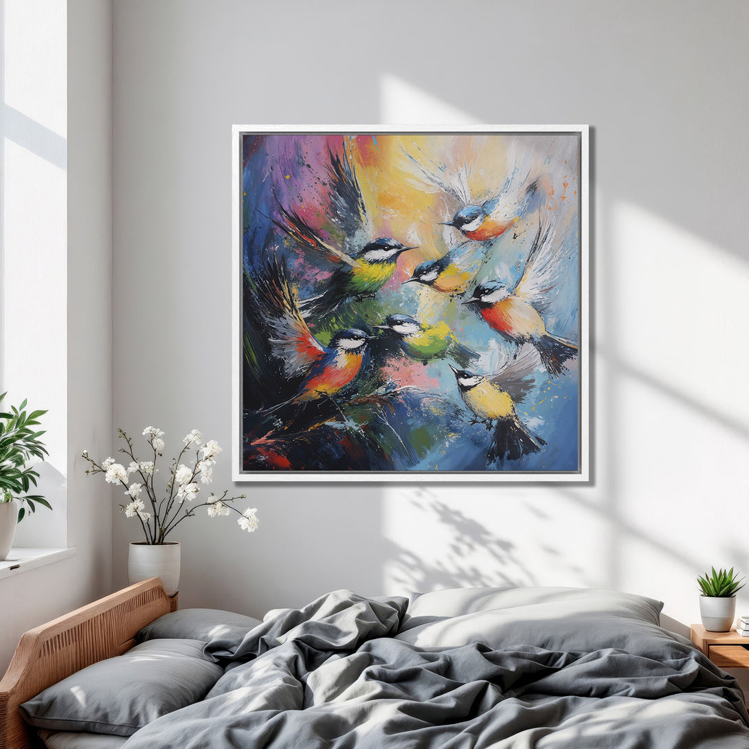 Framed Wall Art: Colorful birds oil painting canvas print. Vibrant abstract art with blue, yellow, and red hues. Perfect bedroom decor.