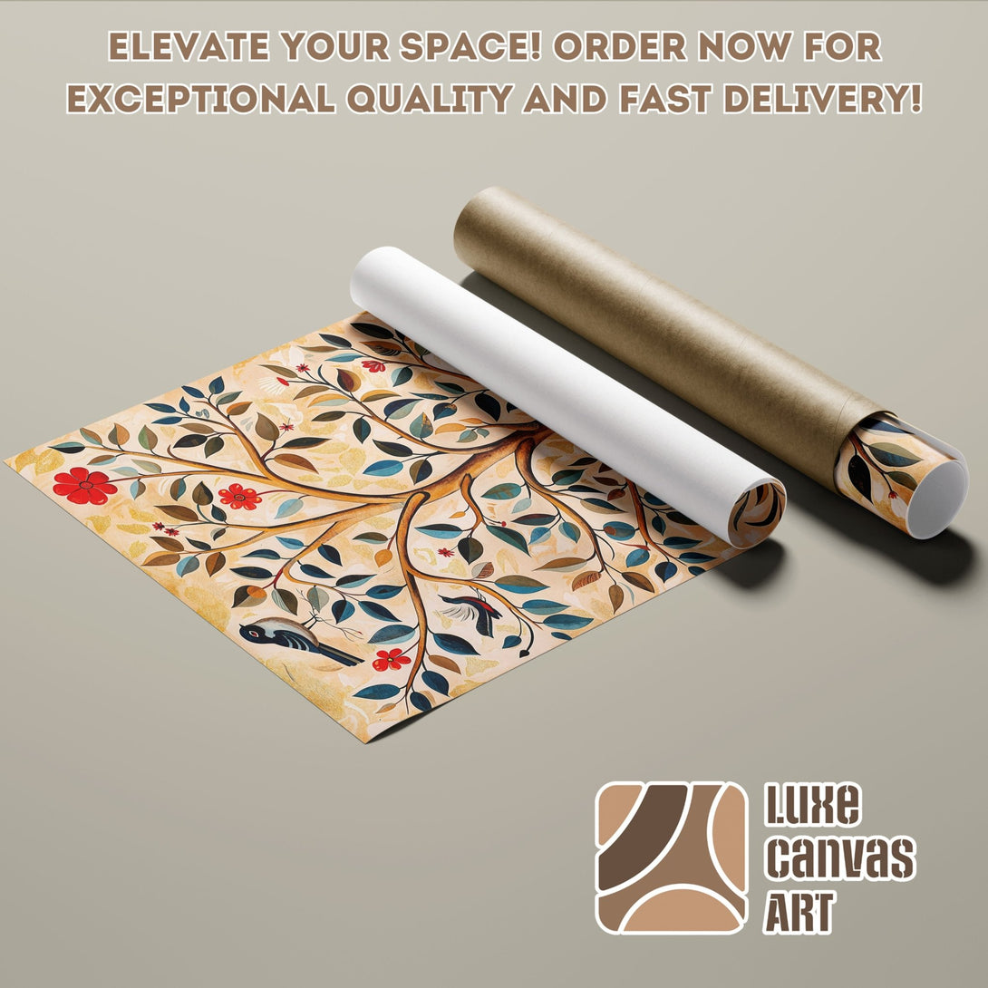 Poster Roll featuring a botanical design with warm earth tones and pops of red. Elevate your space with this art!