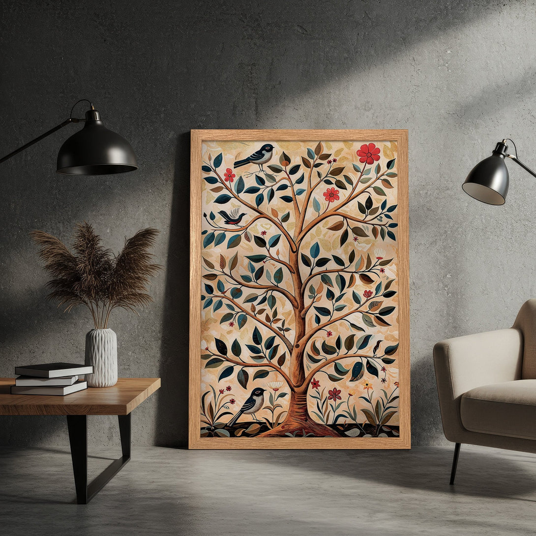 Framed Poster featuring a tree with birds, botanical style, warm earth-tone palette. Perfect wall art for any room!