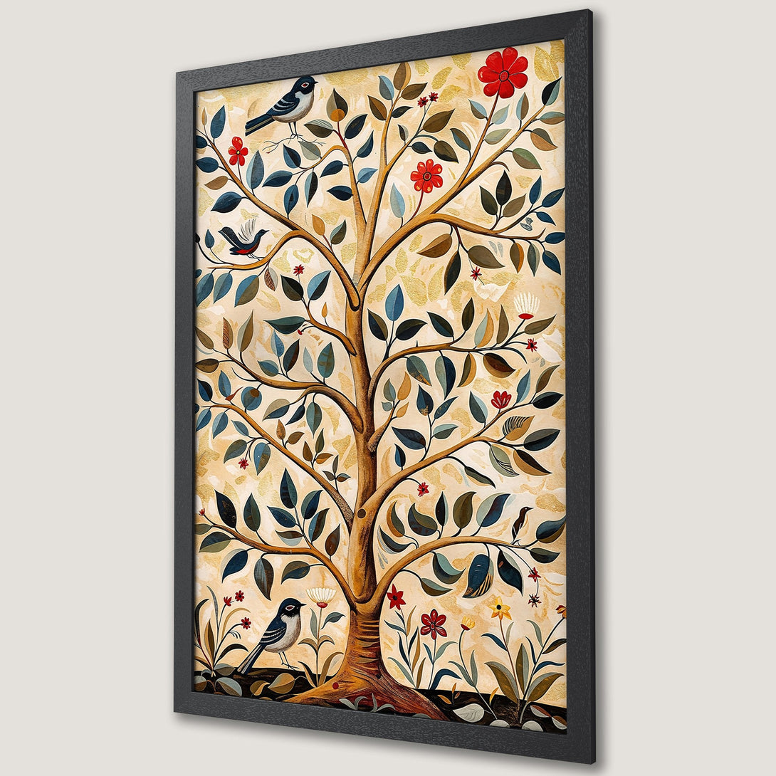 Framed Poster featuring a whimsical tree with birds and flowers, in a vintage style with a warm, earthy color palette.