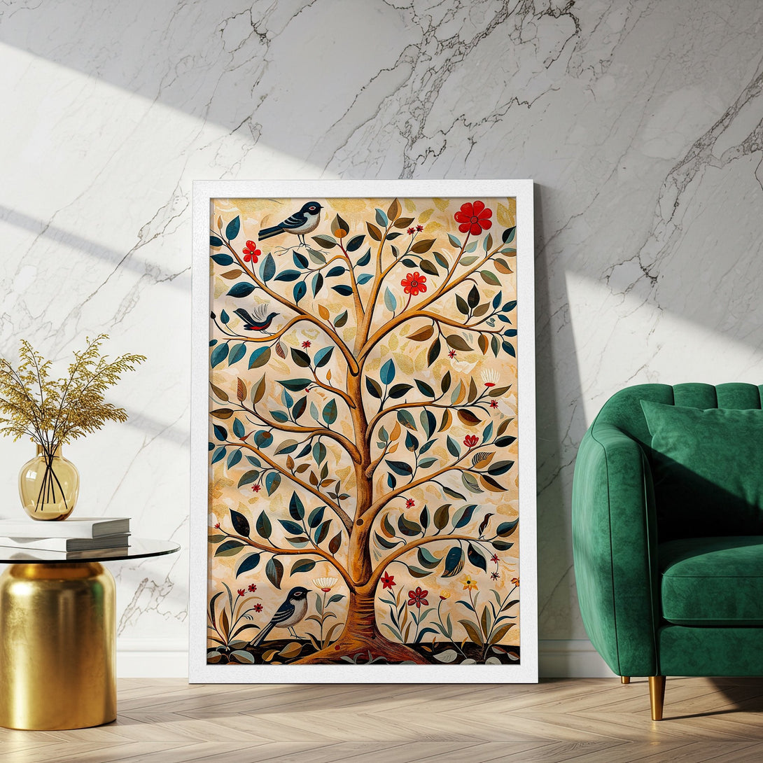 Framed Poster featuring a tree with birds, in a folk art style, with a warm, earthy color palette. Perfect wall decor!