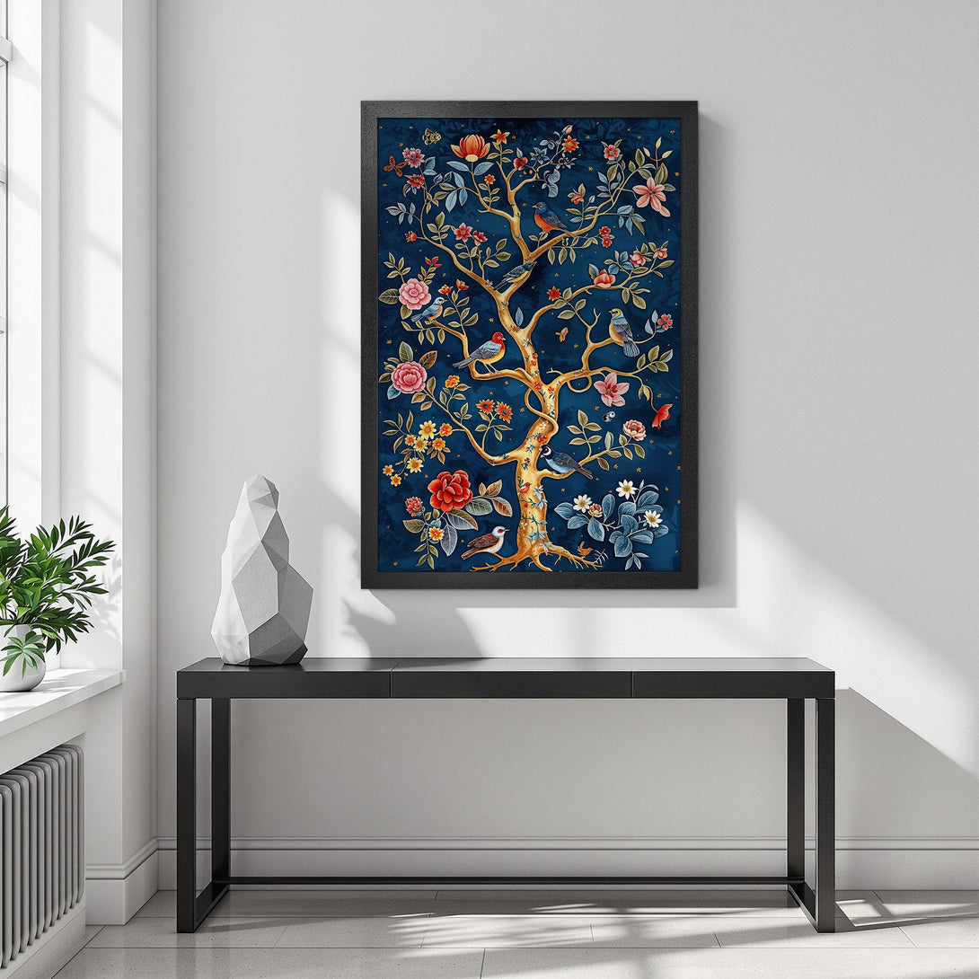 Framed Poster featuring a vibrant tree with birds and flowers, in a rich blue and gold color palette. Perfect wall art!