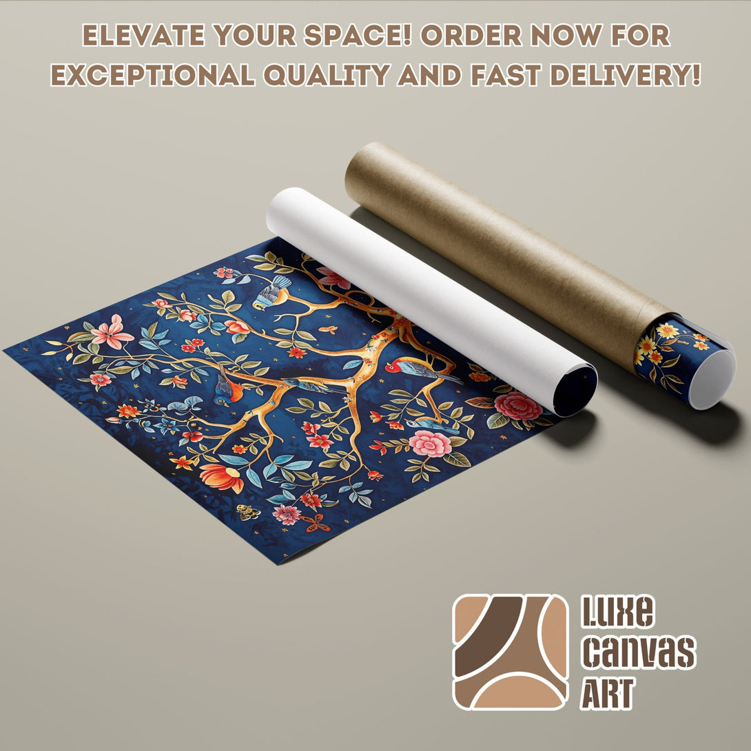 Poster Roll featuring a floral design in a watercolor style with a blue and warm color palette. Order yours today!